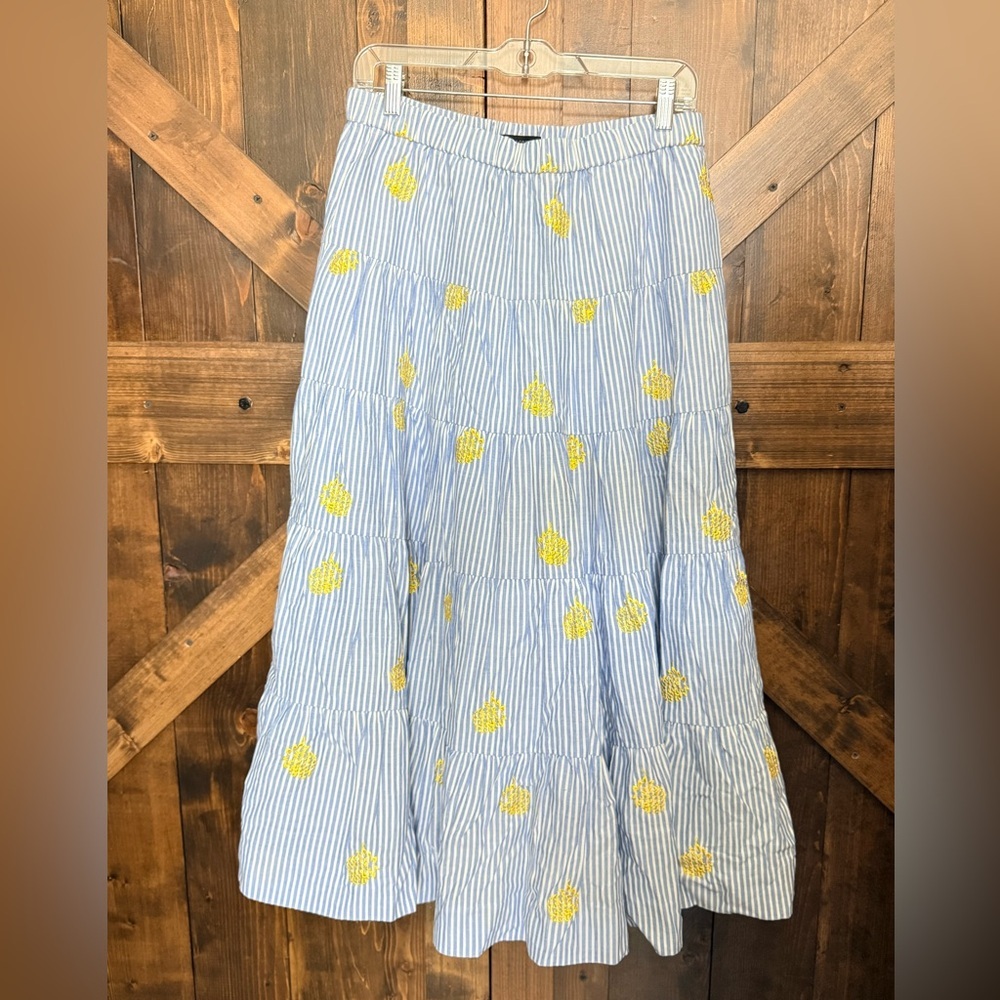 J. Crew NWT Blue White Striped Pineapple Embroidered Tiered Maxi Skirt Size M - Picture 1 of 8